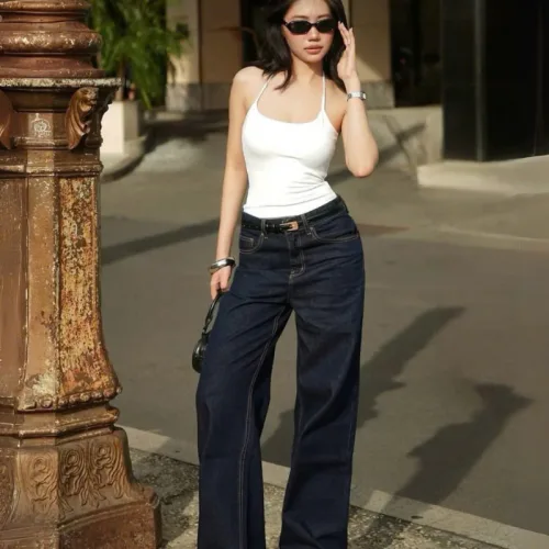 Quần Jeans Nữ Ống Suông Vải Dày Mềm Không Co Giãn Tôn Dáng