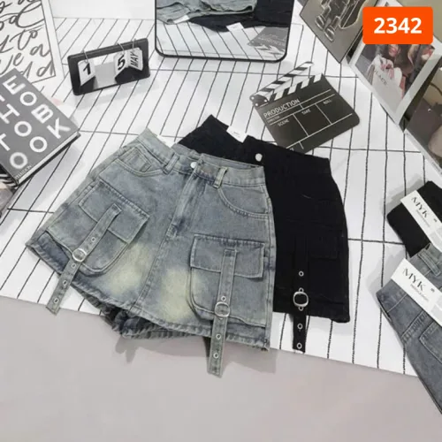 Quần Short Jean Nữ Thêu Logo - Quần Short Kaki Kiểu - Quần gIả Váy Dây Không Co Giãn Đứng Form Chuẩn