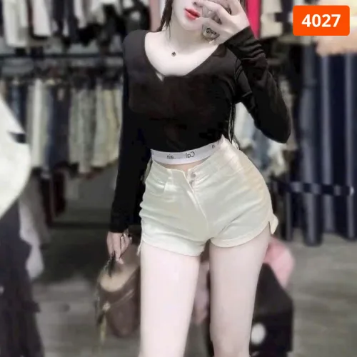 Quần Short Jean Nữ Thêu Logo - Quần Short Kaki Kiểu - Quần gIả Váy Dây Không Co Giãn Đứng Form Chuẩn
