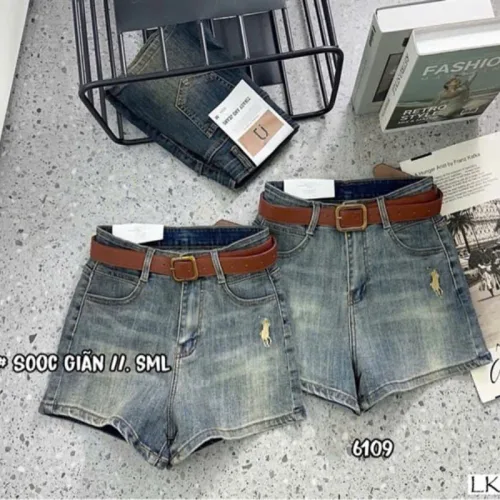 Quần Short Jean Nữ Thêu Logo - Quần Short Kaki Kiểu - Quần gIả Váy Dây Không Co Giãn Đứng Form Chuẩn