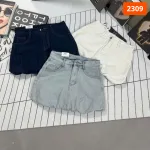 Quần Short Jean Nữ Thêu Logo - Quần Short Kaki Kiểu - Quần gIả Váy Dây Không Co Giãn Đứng Form Chuẩn