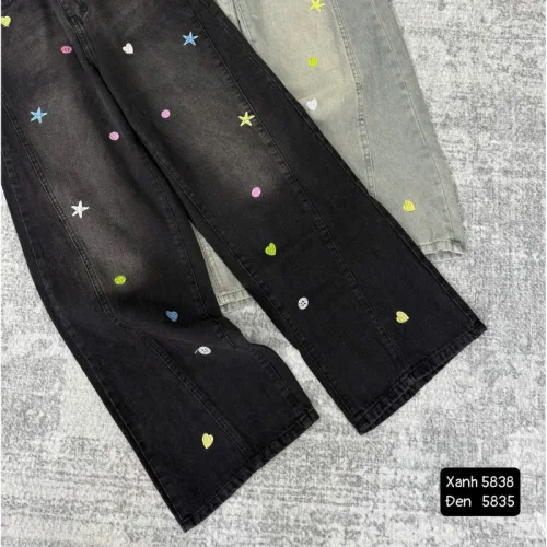 Quần Thụng Jeans Nữ Thêu Ngôi Sao Vải Dày Mềm Không Co Giãn