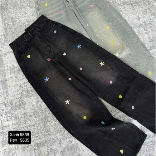 Quần Thụng Jeans Nữ Thêu Ngôi Sao Vải Dày Mềm Không Co Giãn