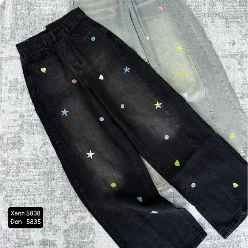 Quần Thụng Jeans Nữ Thêu Ngôi Sao Vải Dày Mềm Không Co Giãn