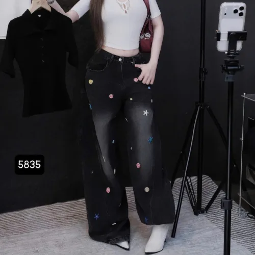 Quần Thụng Jeans Nữ Thêu Ngôi Sao Vải Dày Mềm Không Co Giãn