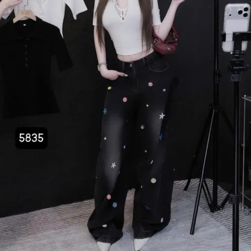 Quần Thụng Jeans Nữ Thêu Ngôi Sao Vải Dày Mềm Không Co Giãn