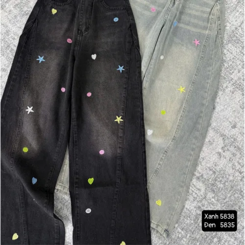 Quần Thụng Jeans Nữ Thêu Ngôi Sao Vải Dày Mềm Không Co Giãn
