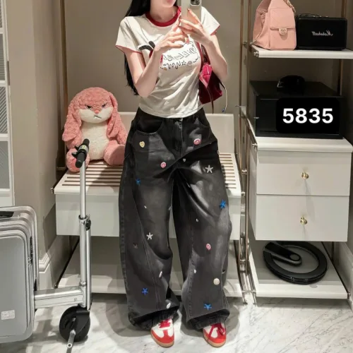 Quần Thụng Jeans Nữ Thêu Ngôi Sao Vải Dày Mềm Không Co Giãn