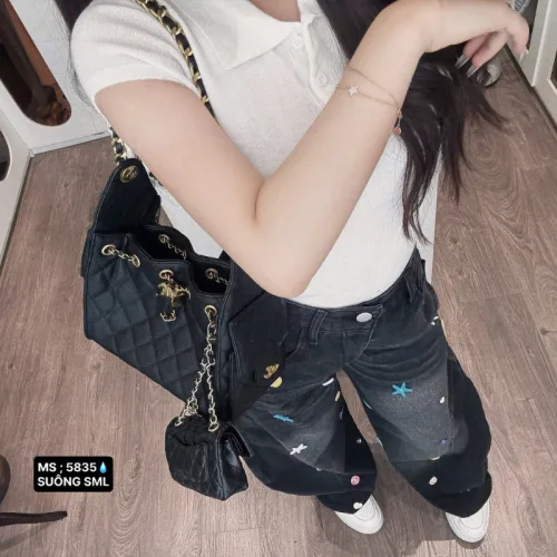 Quần Thụng Jeans Nữ Thêu Ngôi Sao Vải Dày Mềm Không Co Giãn