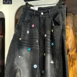Quần Thụng Jeans Nữ Thêu Ngôi Sao Vải Dày Mềm Không Co Giãn