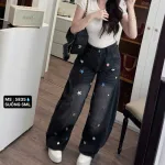 Quần Thụng Jeans Nữ Thêu Ngôi Sao Vải Dày Mềm Không Co Giãn