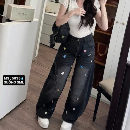 Quần Thụng Jeans Nữ Thêu Ngôi Sao Vải Dày Mềm Không Co Giãn