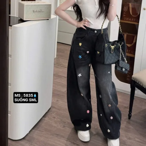 Quần Thụng Jeans Nữ Thêu Ngôi Sao Vải Dày Mềm Không Co Giãn