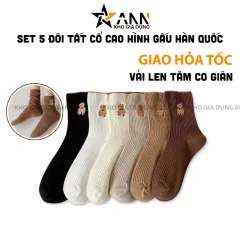 Set 5 Đôi Vớ Cổ Cao Họa Tiết Hình Gấu - Đôi Tất Cổ Cao Phong Cách Hàn Quốc