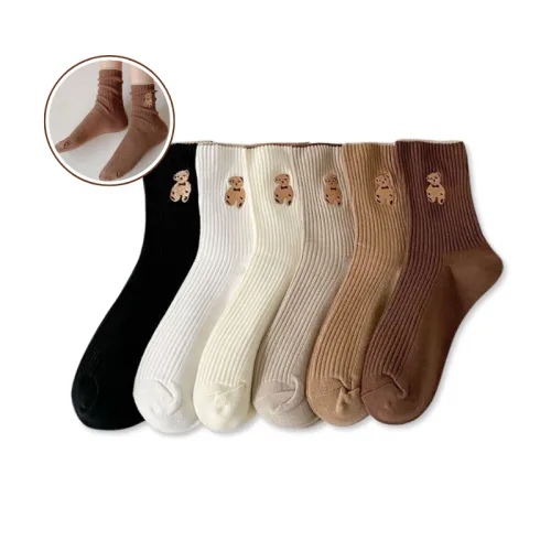 Set 5 Đôi Vớ Cổ Cao Họa Tiết Hình Gấu - Đôi Tất Cổ Cao Phong Cách Hàn Quốc