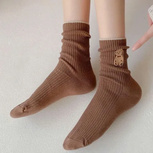 Set 5 Đôi Vớ Cổ Cao Họa Tiết Hình Gấu - Đôi Tất Cổ Cao Phong Cách Hàn Quốc