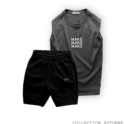 Set Bộ Nam Áo Ba Lỗ In Chữ Make Quần Short Thun Thêu Chữ Boston