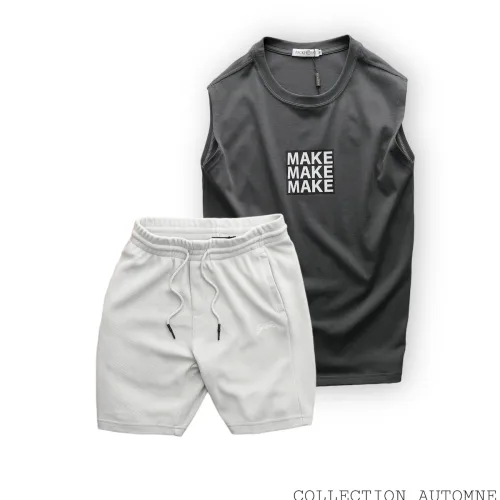 Set Bộ Nam Áo Ba Lỗ In Chữ Make Quần Short Thun Thêu Chữ Boston