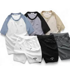 Set Bộ Nam Áo Cổ Tròn Phối Màu Thêu Chữ Trước Ngực & Quần Short Thêu Nổi Logo Chữ Có Big Size