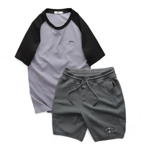 Set Bộ Nam Áo Cổ Tròn Phối Màu Thêu Chữ Trước Ngực & Quần Short Thêu Nổi Logo Chữ Có Big Size
