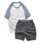 Set Bộ Nam Áo Cổ Tròn Phối Màu Thêu Chữ Trước Ngực & Quần Short Thêu Nổi Logo Chữ Có Big Size