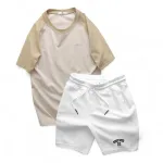 Set Bộ Nam Áo Cổ Tròn Phối Màu Thêu Chữ Trước Ngực & Quần Short Thêu Nổi Logo Chữ Có Big Size