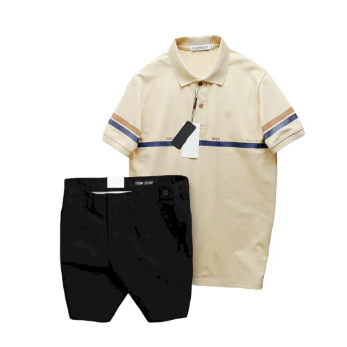 Set Bộ Nam Áo Polo Cổ Bẻ Viền Hai Sọc Quần Short Kaki Cúc Đen