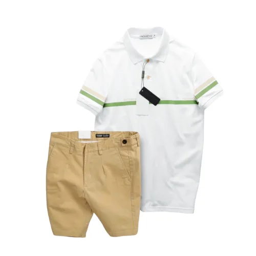 Set Bộ Nam Áo Polo Cổ Bẻ Viền Hai Sọc Quần Short Kaki Cúc Đen