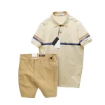 Set Bộ Nam Áo Polo Cổ Bẻ Viền Hai Sọc Quần Short Kaki Cúc Đen
