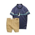 Set Bộ Nam Áo Polo Cổ Bẻ Viền Hai Sọc Quần Short Kaki Cúc Đen