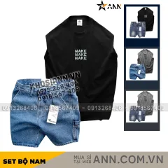 Set Bộ Nam Áo Thun 3 Lỗ In Chữ Make Quần Short Jeans
