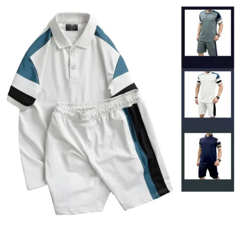Set Bộ Nam Áo Thun Cổ Bẻ Phối Sọc Màu + Quần Short Thun Thể Thao (Big Size)