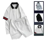 Set Bộ Nam Áo Thun Cổ Bẻ Phối Sọc Tay Áo + Quần Short Thun (Big Size)