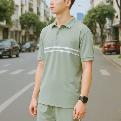 Set Bộ Nam Áo Thun Cổ Bẻ Phối Sọc Trước Ngực + Quần Short Thun (Big Size)