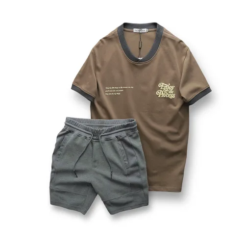 Set Bộ Nam Áo Thun Cổ Tròn In Chữ Enjoy The Process + Quần Short Thun Thể Thao Cao Cấp