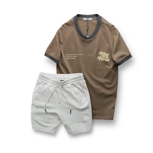 Set Bộ Nam Áo Thun Cổ Tròn In Chữ Enjoy The Process + Quần Short Thun Thể Thao Cao Cấp