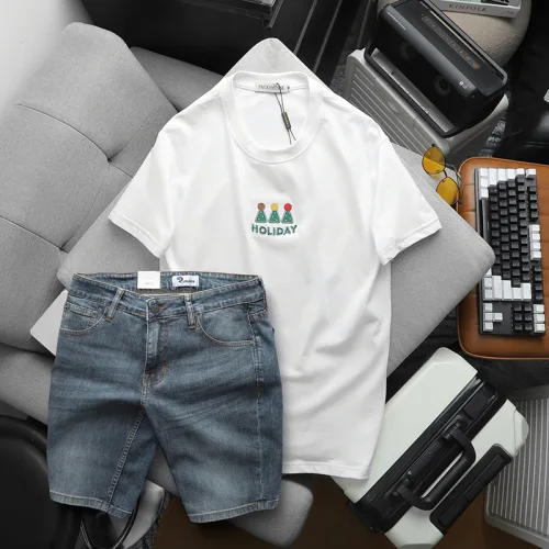 Set Bộ Nam Áo Thun Cổ Tròn In Nổi Chữ Holiday + Quần Short Jeans Chất Liệu Co Giãn (Có Size 3X)