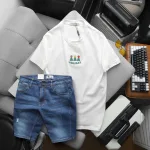 Set Bộ Nam Áo Thun Cổ Tròn In Nổi Chữ Holiday + Quần Short Jeans Chất Liệu Co Giãn (Có Size 3X)