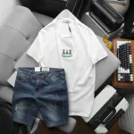 Set Bộ Nam Áo Thun Cổ Tròn In Nổi Chữ Holiday + Quần Short Jeans Chất Liệu Co Giãn (Có Size 3X)