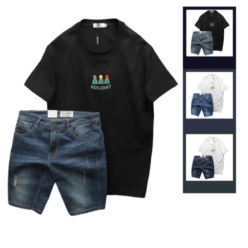 Set Bộ Nam Áo Thun Cổ Tròn In Nổi Chữ Holiday + Quần Short Jeans Chất Liệu Co Giãn (Có Size 3X)