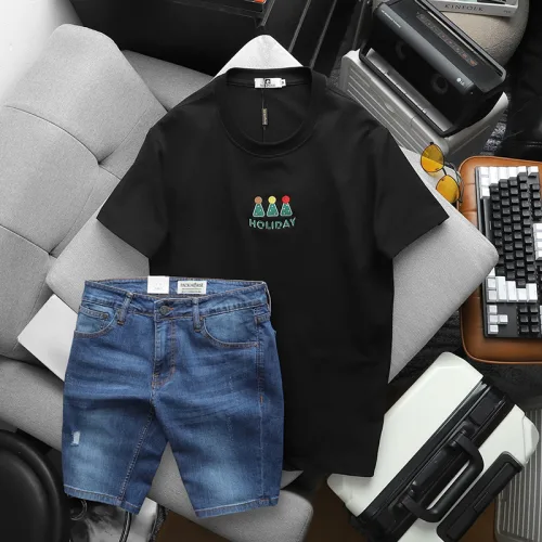Set Bộ Nam Áo Thun Cổ Tròn In Nổi Chữ Holiday + Quần Short Jeans Chất Liệu Co Giãn (Có Size 3X)