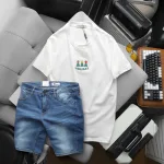 Set Bộ Nam Áo Thun Cổ Tròn In Nổi Chữ Holiday + Quần Short Jeans Chất Liệu Co Giãn (Có Size 3X)