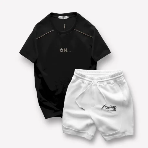 Set Bộ Nam Áo Thun Cổ Tròn Logo Chữ Nổi Quần Short Thun In Chữ Chicago