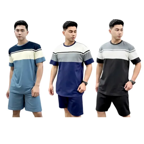 Set Bộ Nam Áo Thun Cổ Tròn Tay Ngắn Phối Sọc Màu + Quần Short Thun Thể Thao Cao Cấp (Big Size)