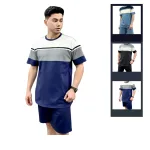 Set Bộ Nam Áo Thun Cổ Tròn Tay Ngắn Phối Sọc Màu + Quần Short Thun Thể Thao Cao Cấp (Big Size)
