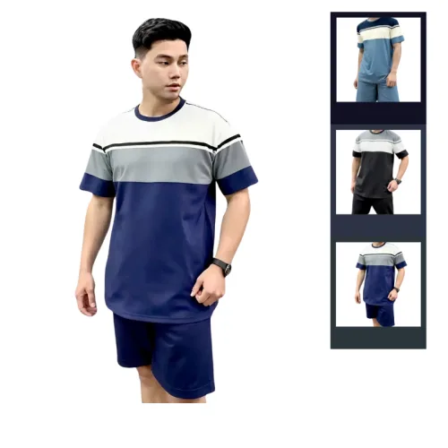 Set Bộ Nam Áo Thun Cổ Tròn Tay Ngắn Phối Sọc Màu + Quần Short Thun Thể Thao Cao Cấp (Big Size)