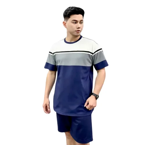 Set Bộ Nam Áo Thun Cổ Tròn Tay Ngắn Phối Sọc Màu + Quần Short Thun Thể Thao Cao Cấp (Big Size)