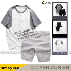Set Bộ Nam Áo Thun Cổ Tròn Tay Phối Màu Quần Short Kaki Rurumen Cao Cấp