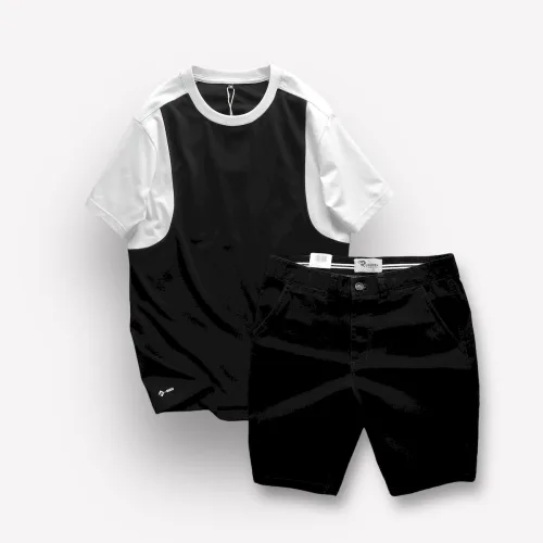Set Bộ Nam Áo Thun Cổ Tròn Tay Phối Màu Quần Short Kaki Rurumen Cao Cấp