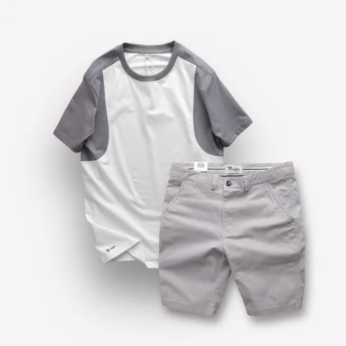 Set Bộ Nam Áo Thun Cổ Tròn Tay Phối Màu Quần Short Kaki Rurumen Cao Cấp